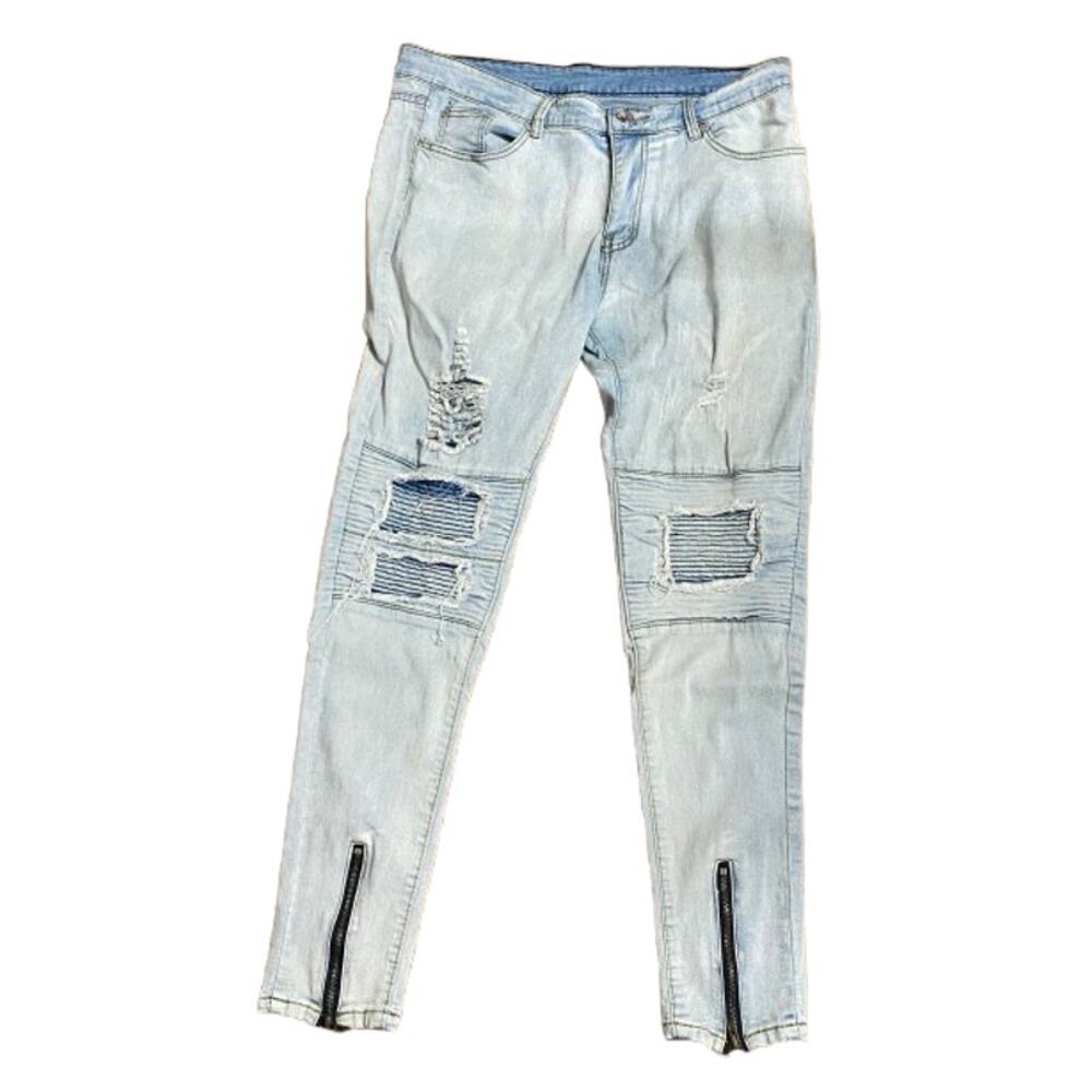 MANS Mens 34 Light Wash Distressed Biker Skinny Jeans Ankle Zipper Pre Owned